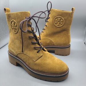 Tory Burch Boots Combat tan suede Miller Lug Sole Bootie Lace Up Size 8.5 New
